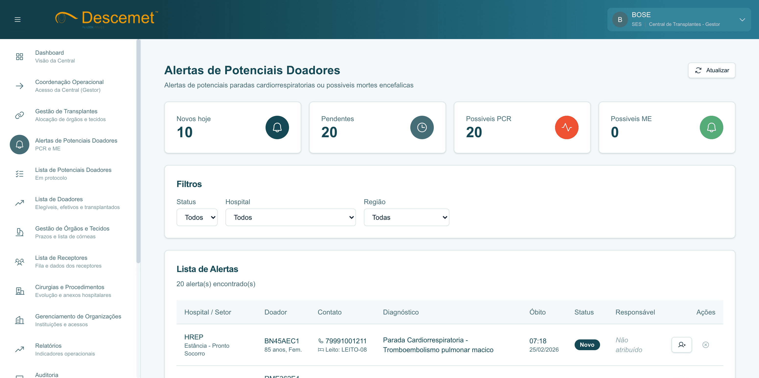Tela de alertas de potenciais doadores do Descemet