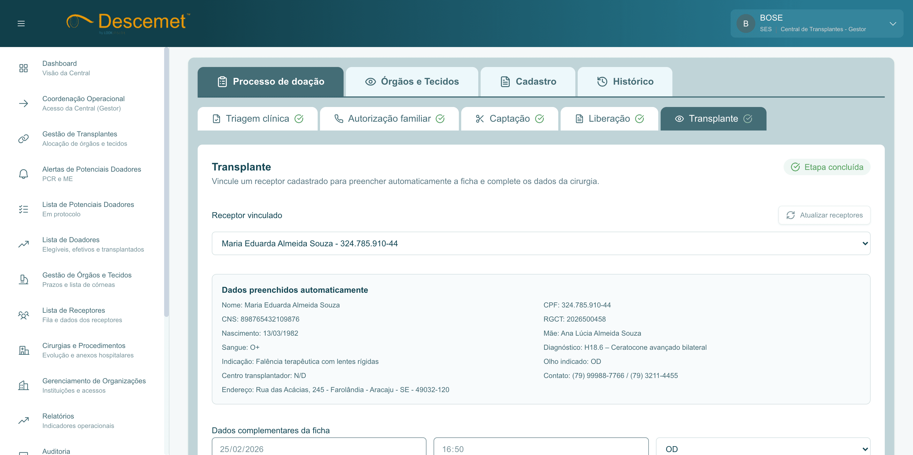 Tela de lista de doadores no Descemet