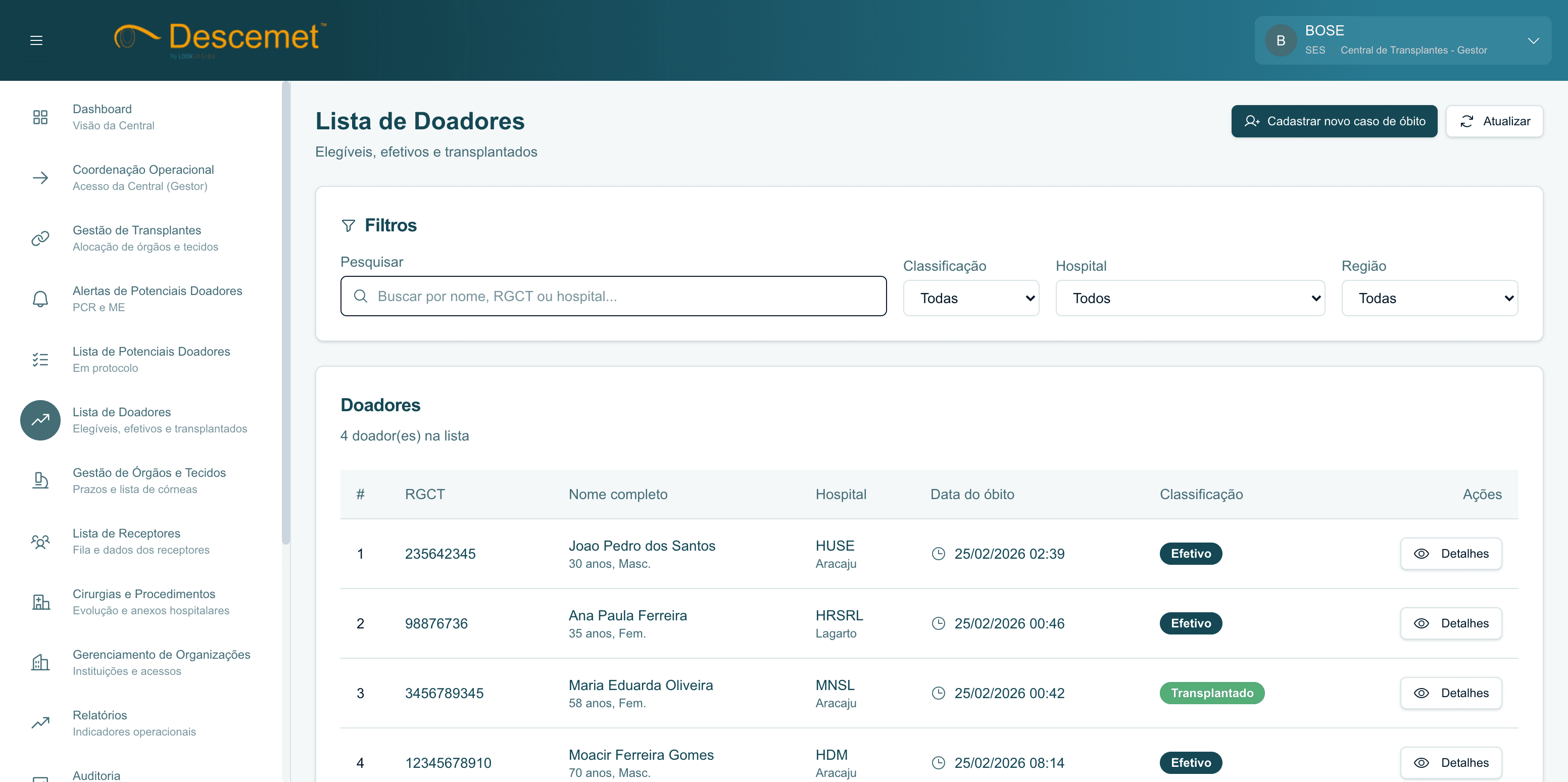 Tela da etapa de transplante no processo de doação do Descemet