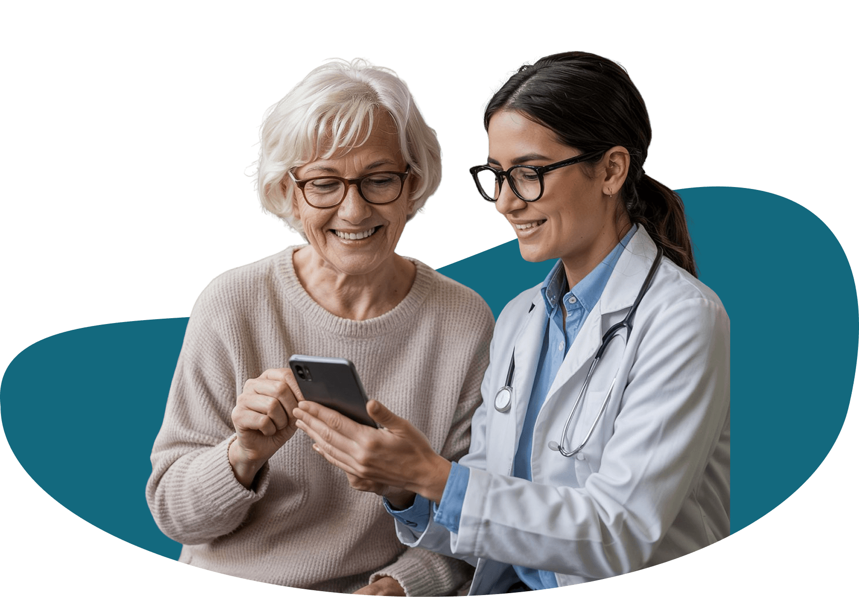 Médica mostrando a tela de um celular para uma paciente